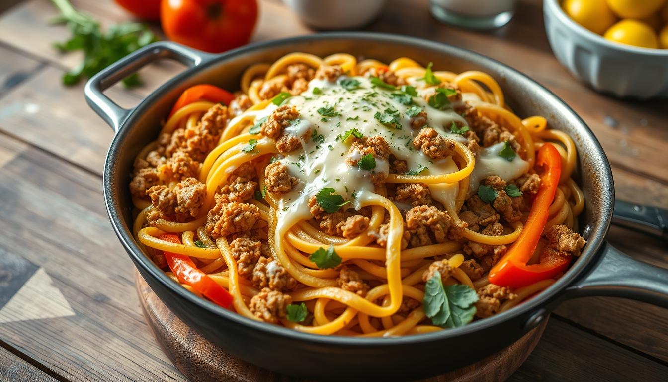 one-skillet cheesy ground chicken pasta recipe